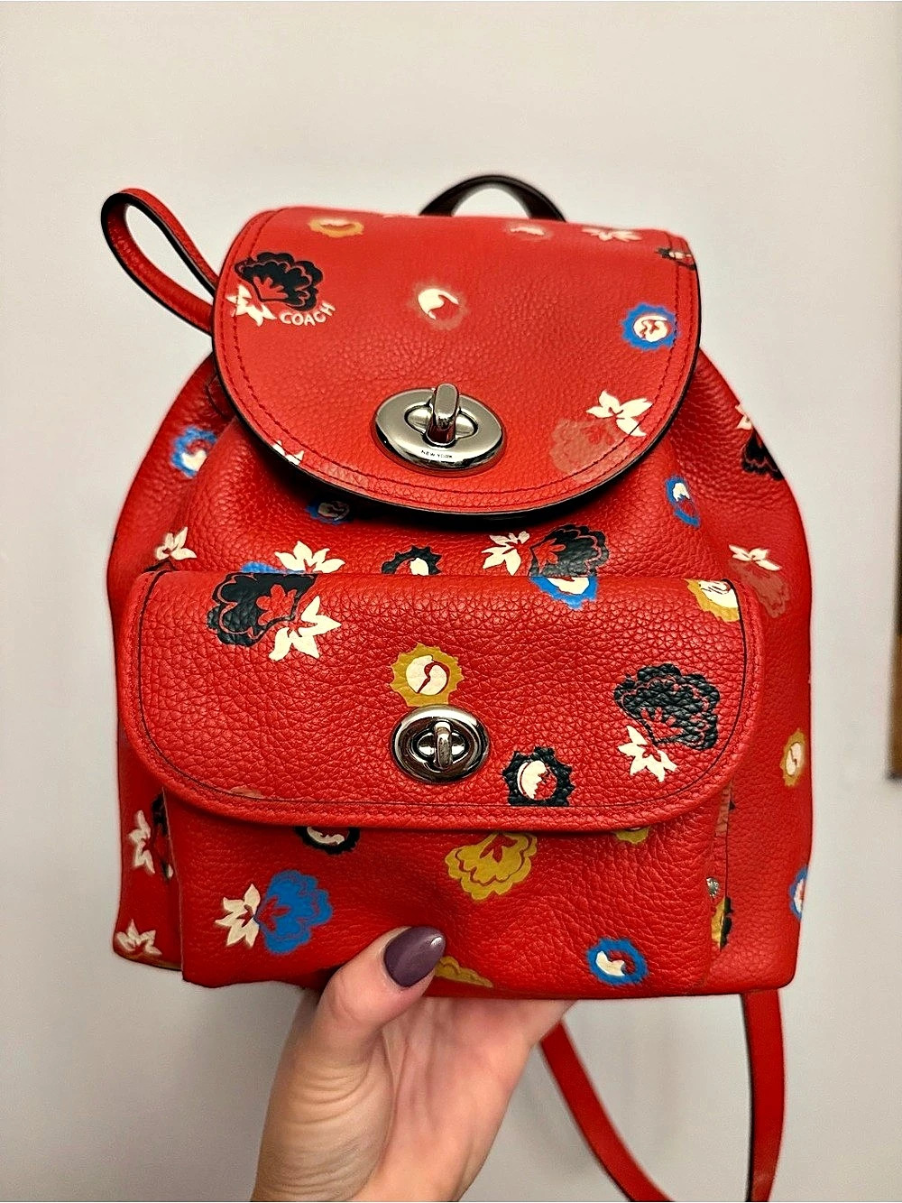 Coach Mini Turnlock Rucksack in Floral Print Leather Floral Print Leather Red &